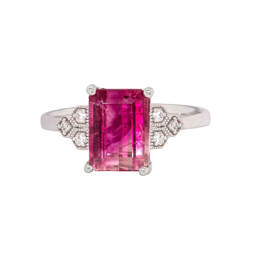 2.5cts Bi-color Tourmaline Ring in Solid 14K White Gold with Natural Diamonds